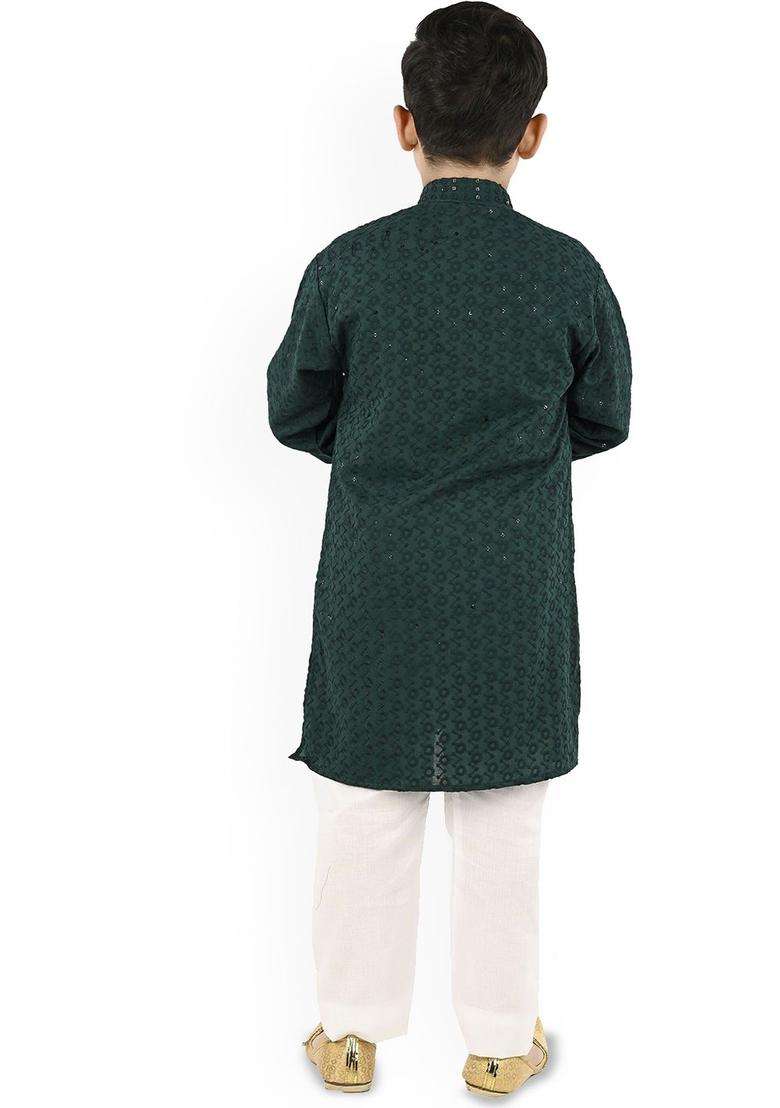 Green Embroidered Cotton Kurta Set For Boys - Indya