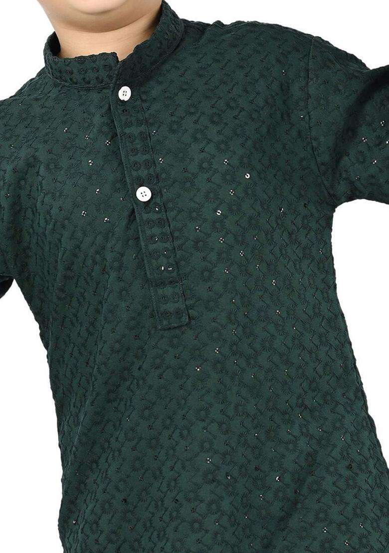 Green Embroidered Cotton Kurta Set For Boys - Indya