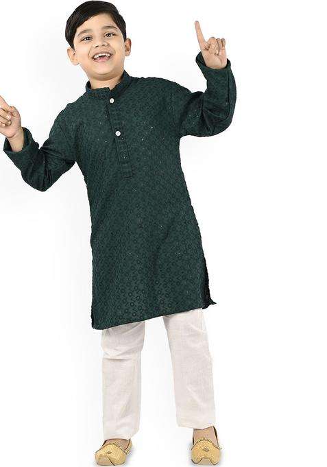 Green Embroidered Cotton Kurta Set For Boys