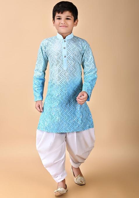 Blue Self Design Cotton Kurta Set For Boys — view on Indya