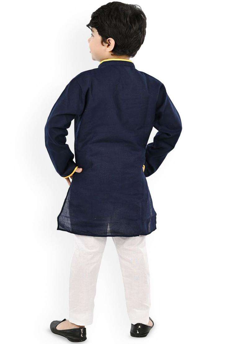 Navy Blue Embroidered Cotton Kurta Set For Boys - Indya