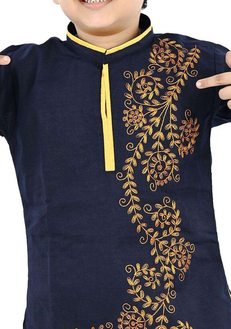 Navy Blue Embroidered Cotton Kurta Set For Boys - Indya