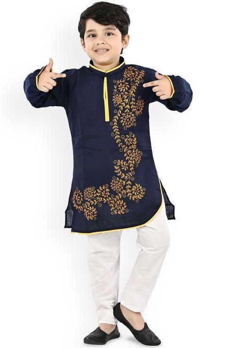 Navy Blue Embroidered Cotton Kurta Set For Boys — view on Indya