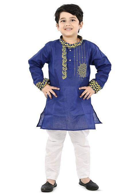 Navy Blue Embroidered Cotton Kurta Set For Boys — view on Indya