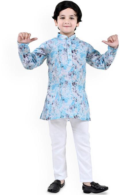 Blue Printed Cotton Kurta Set For Boys — view on Indya