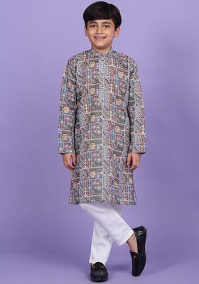 Grey Printed Cotton Kurta Set For Boys