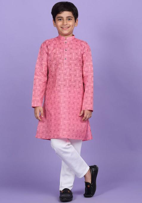 Pink Printed Cotton Kurta Set For Boys — view on Indya