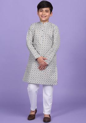 Grey Printed Cotton Kurta Set For Boys