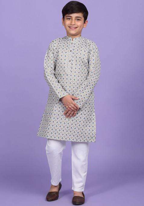 Grey Printed Cotton Kurta Set For Boys