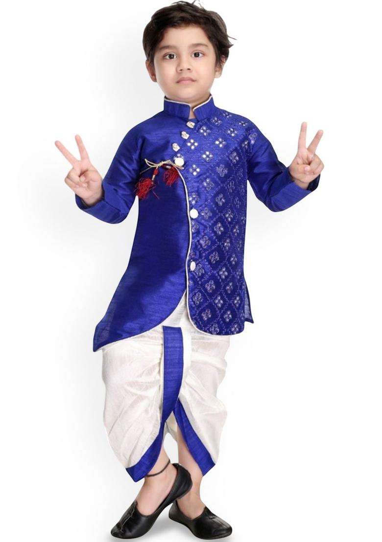 Blue Embroidered Silk Kurta Set For Boys - Indya