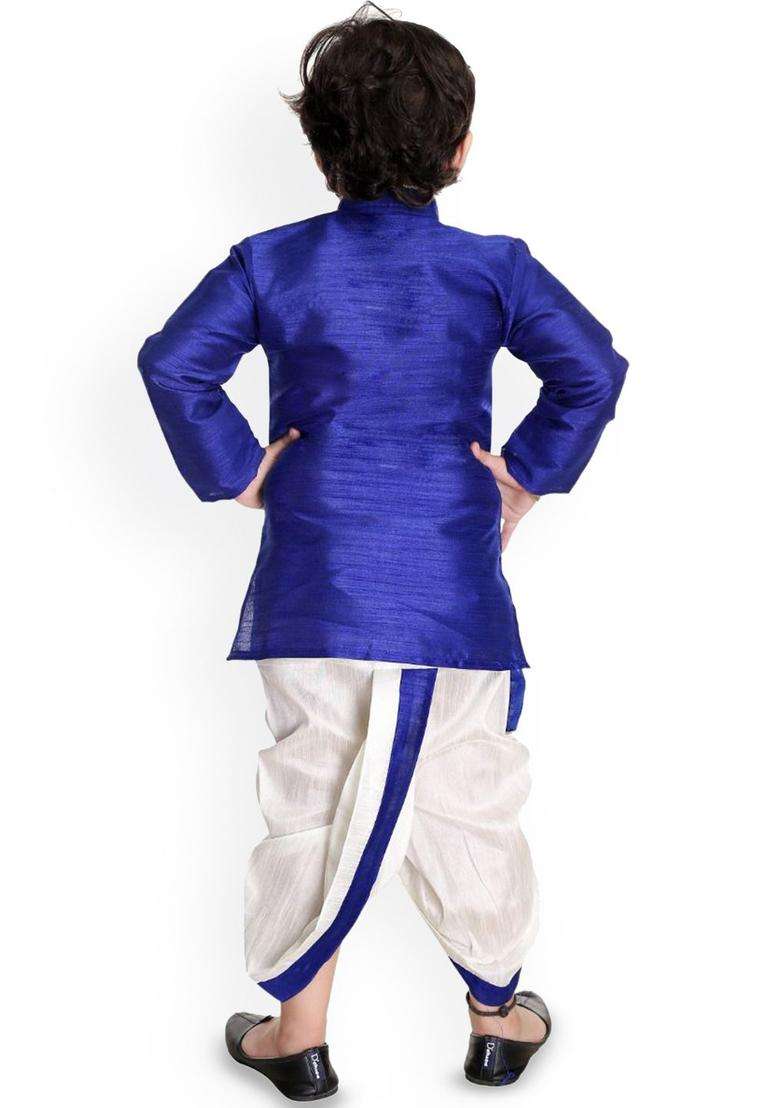 Blue Embroidered Silk Kurta Set For Boys - Indya