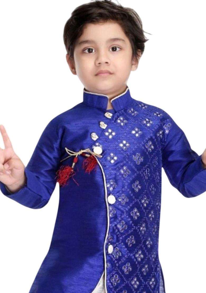 Blue Embroidered Silk Kurta Set For Boys - Indya