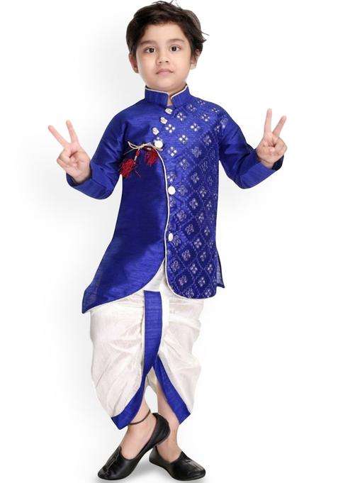 Blue Embroidered Silk Kurta Set For Boys