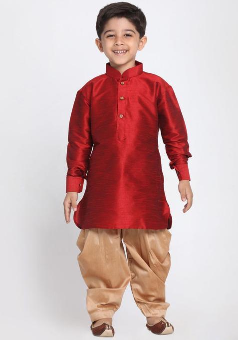 Maroon Solid Silk Kurta Set For Boys — view on Indya