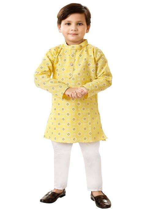 Yellow Printed Cotton Kurta Set For Boys — view on Indya