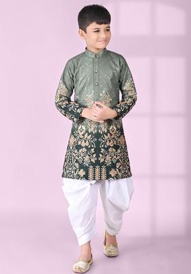 Green Embroidered Viscose Kurta Set For Boys