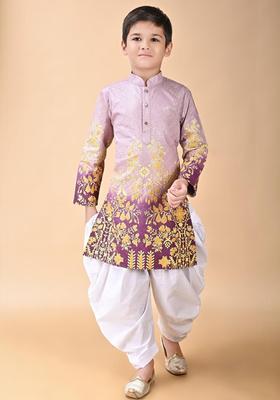 Purple Embroidered Viscose Kurta Set For Boys