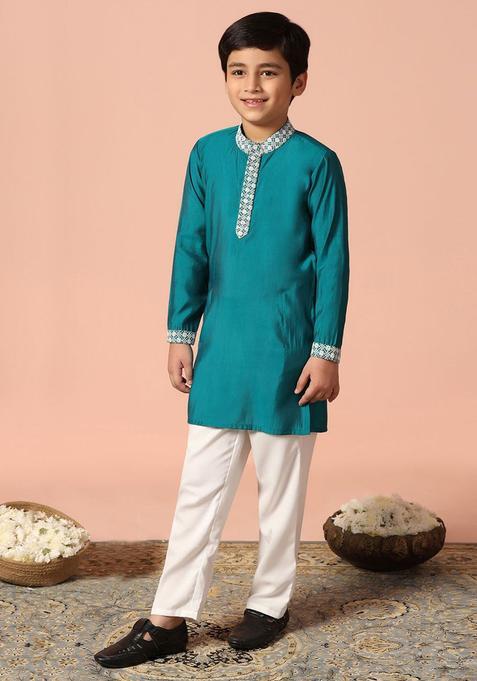 Teal Embroidered Silk Kurta Set For Boys — view on Indya