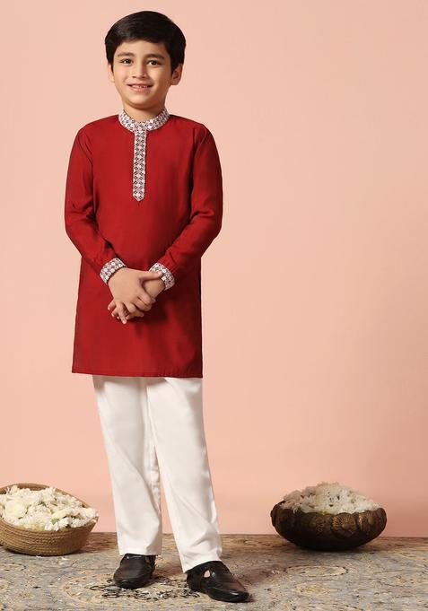 Maroon Solid Silk Kurta Set For Boys — view on Indya