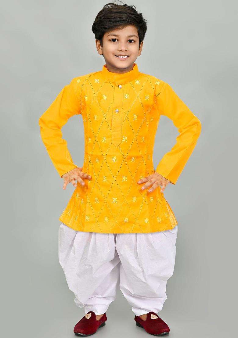 Yellow Embroidered Cotton Kurta Set For Boys - Indya
