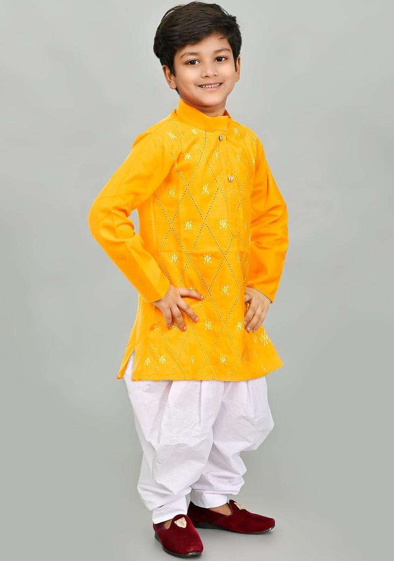 Yellow Embroidered Cotton Kurta Set For Boys - Indya