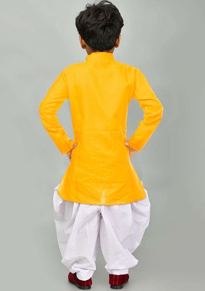 Yellow Embroidered Cotton Kurta Set For Boys - Indya
