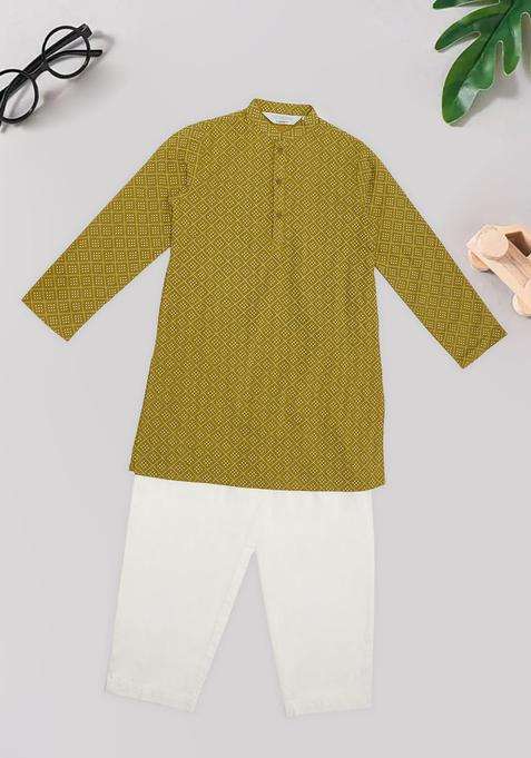 Olive Printed Cotton Kurta Set For Boys