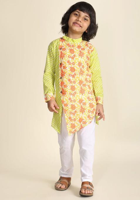 Green Printed Cotton Kurta Set For Boys — view on Indya