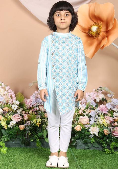 Blue Printed Cotton Kurta Set For Boys — view on Indya