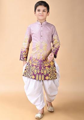 Purple Embroidered Viscose Kurta Set For Boys