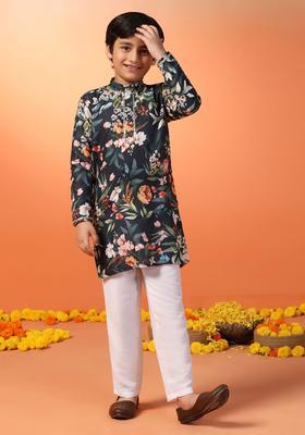 Navy Blue Printed Cotton Kurta Set For Boys