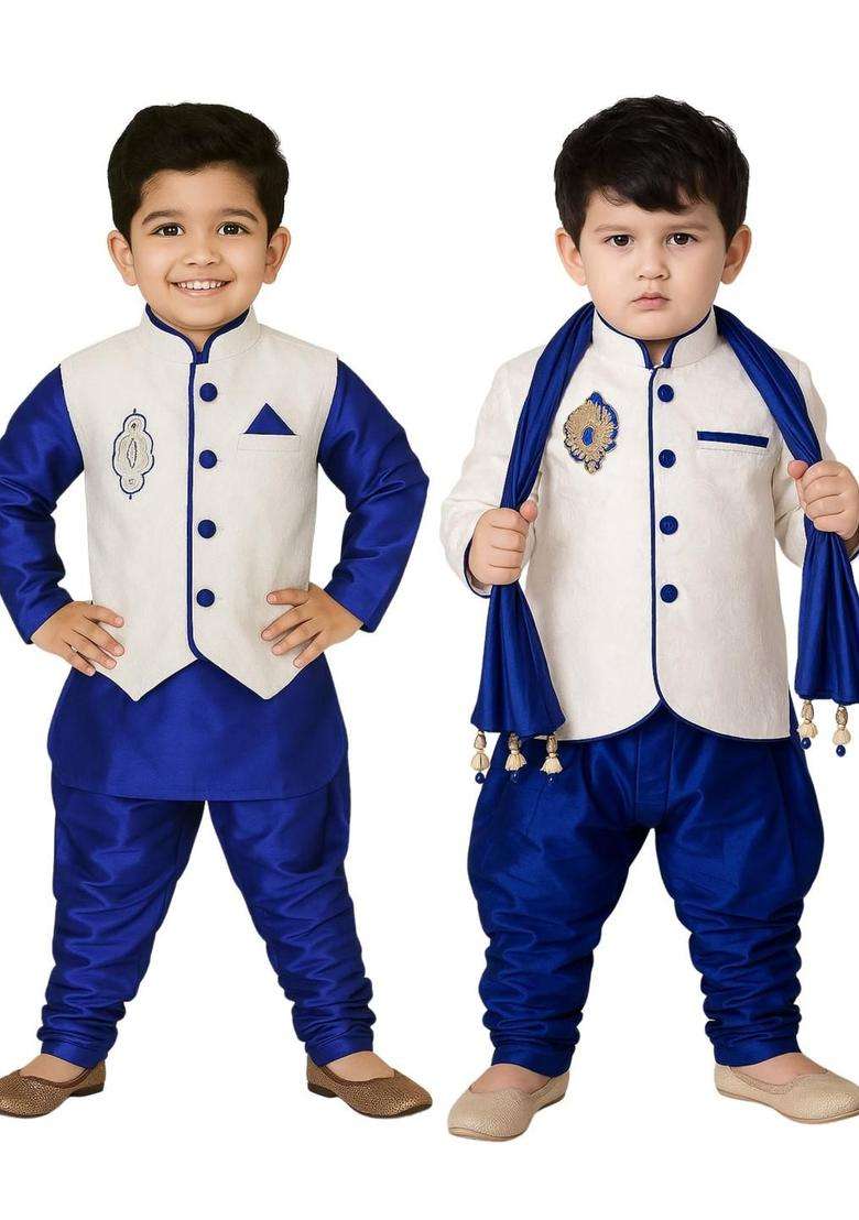 Multi Solid Cotton Kurta Set For Boys - Indya