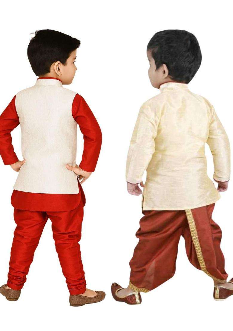 Multi Solid Cotton Kurta Set For Boys - Indya