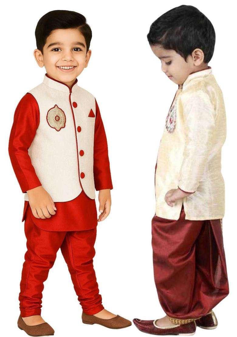 Multi Solid Cotton Kurta Set For Boys - Indya