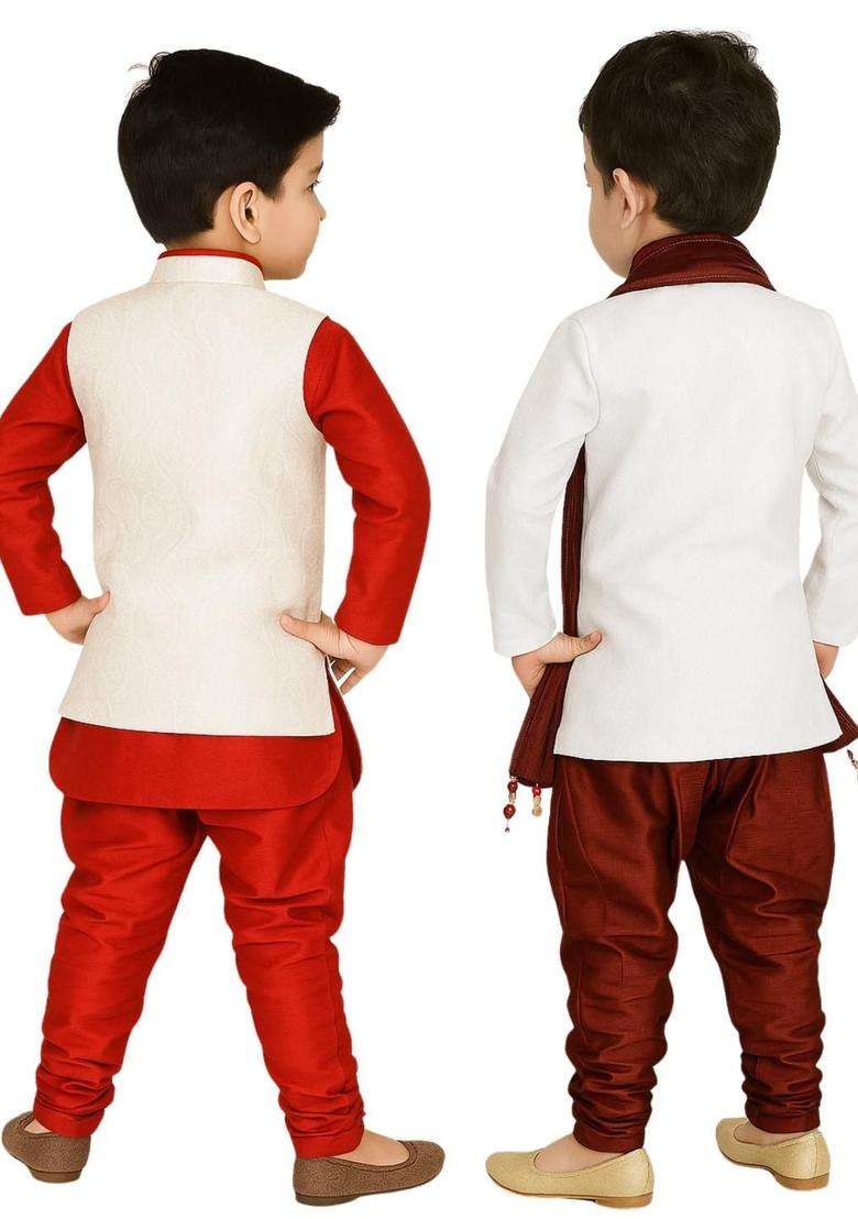 Multi Solid Cotton Kurta Set For Boys - Indya