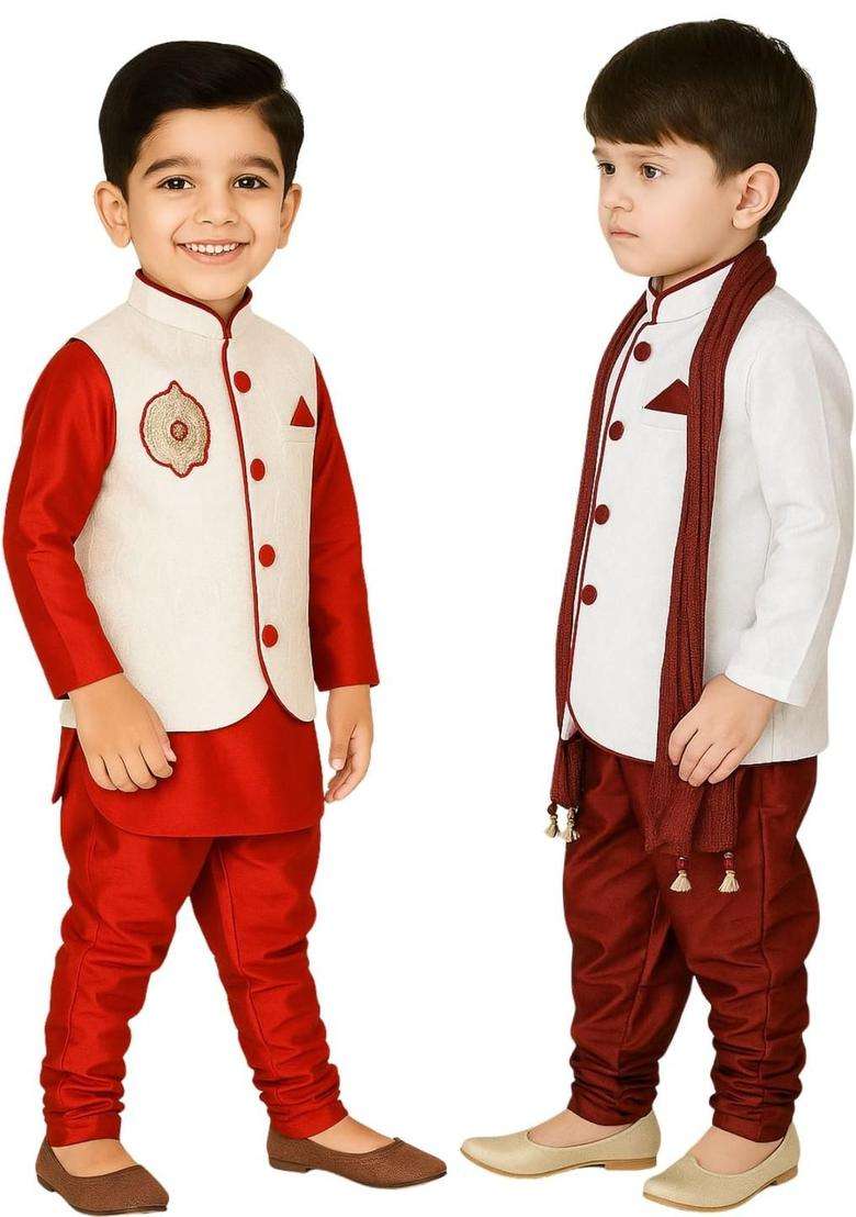 Multi Solid Cotton Kurta Set For Boys - Indya