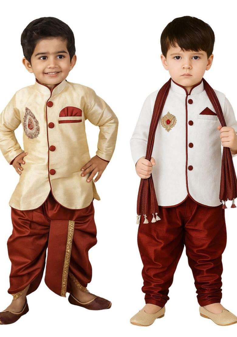 Multi Solid Cotton Kurta Set For Boys - Indya