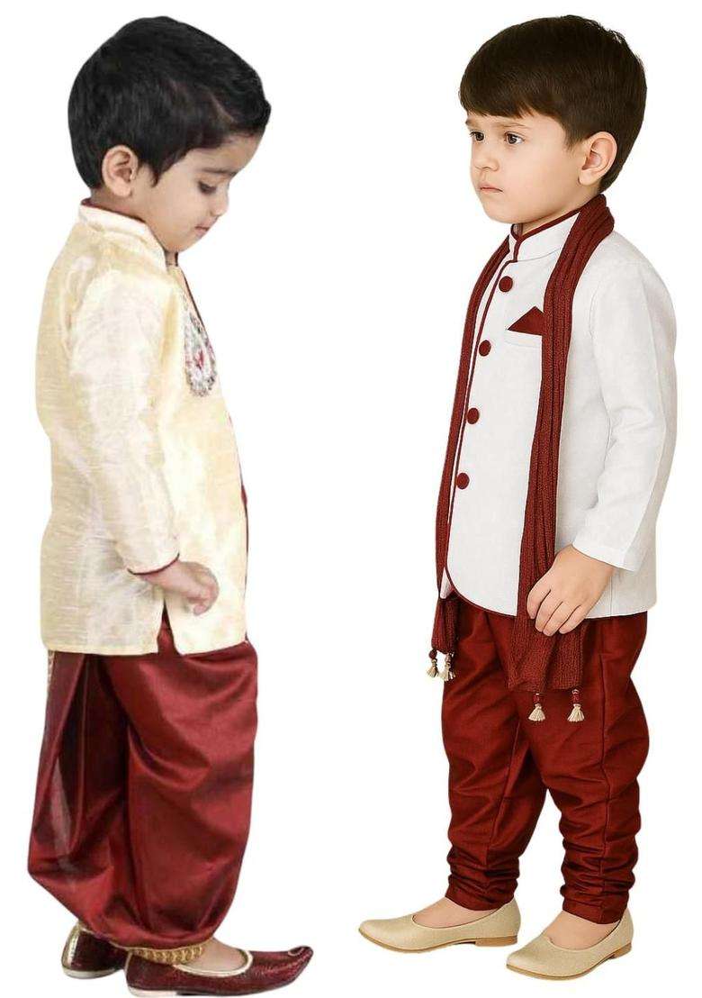 Multi Solid Cotton Kurta Set For Boys - Indya
