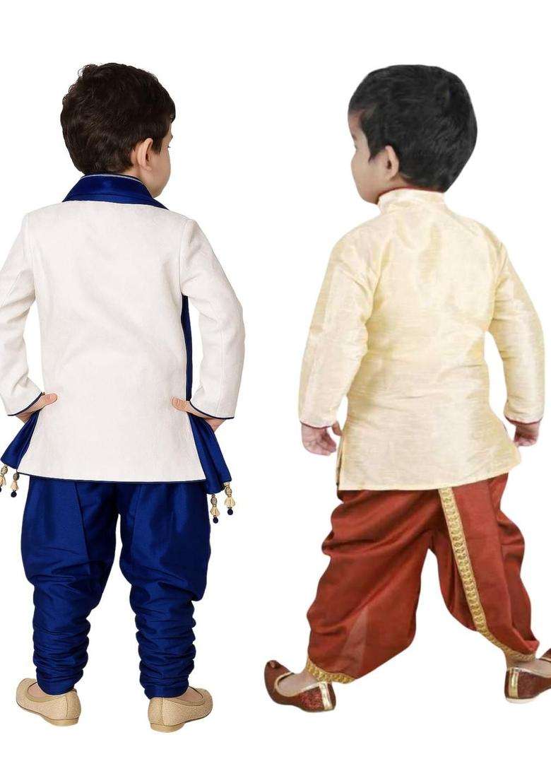Multi Solid Cotton Kurta Set For Boys - Indya