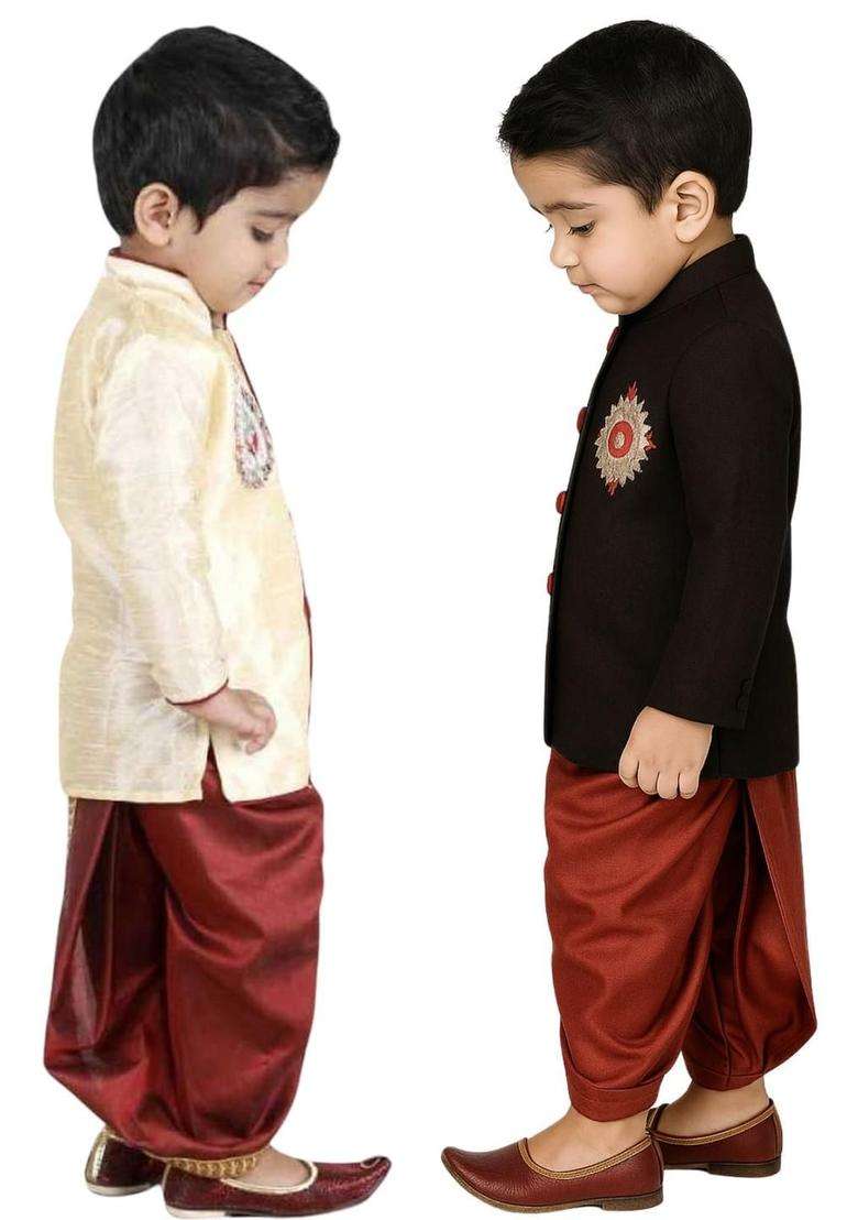 Multi Solid Cotton Kurta Set For Boys - Indya