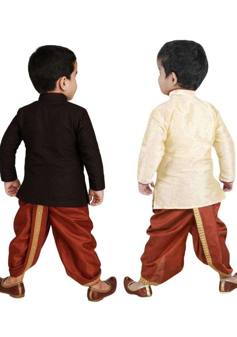 Multi Solid Cotton Kurta Set For Boys - Indya