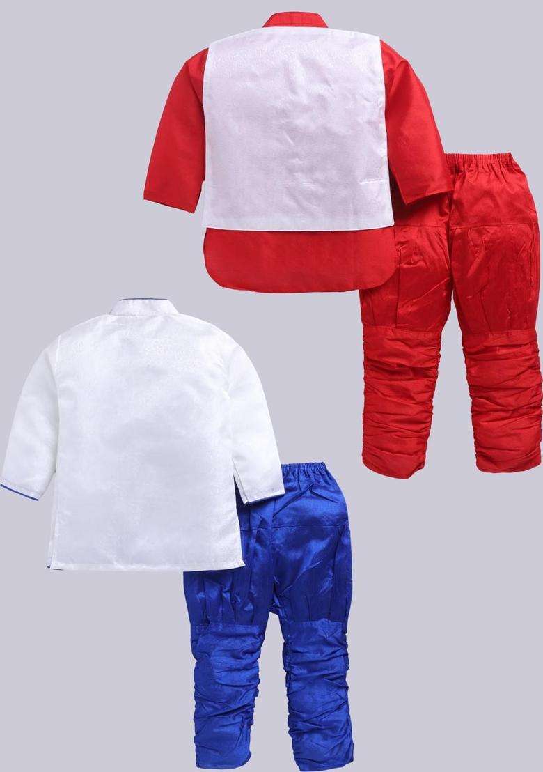 Multi Solid Silk Kurta Set For Boys - Indya