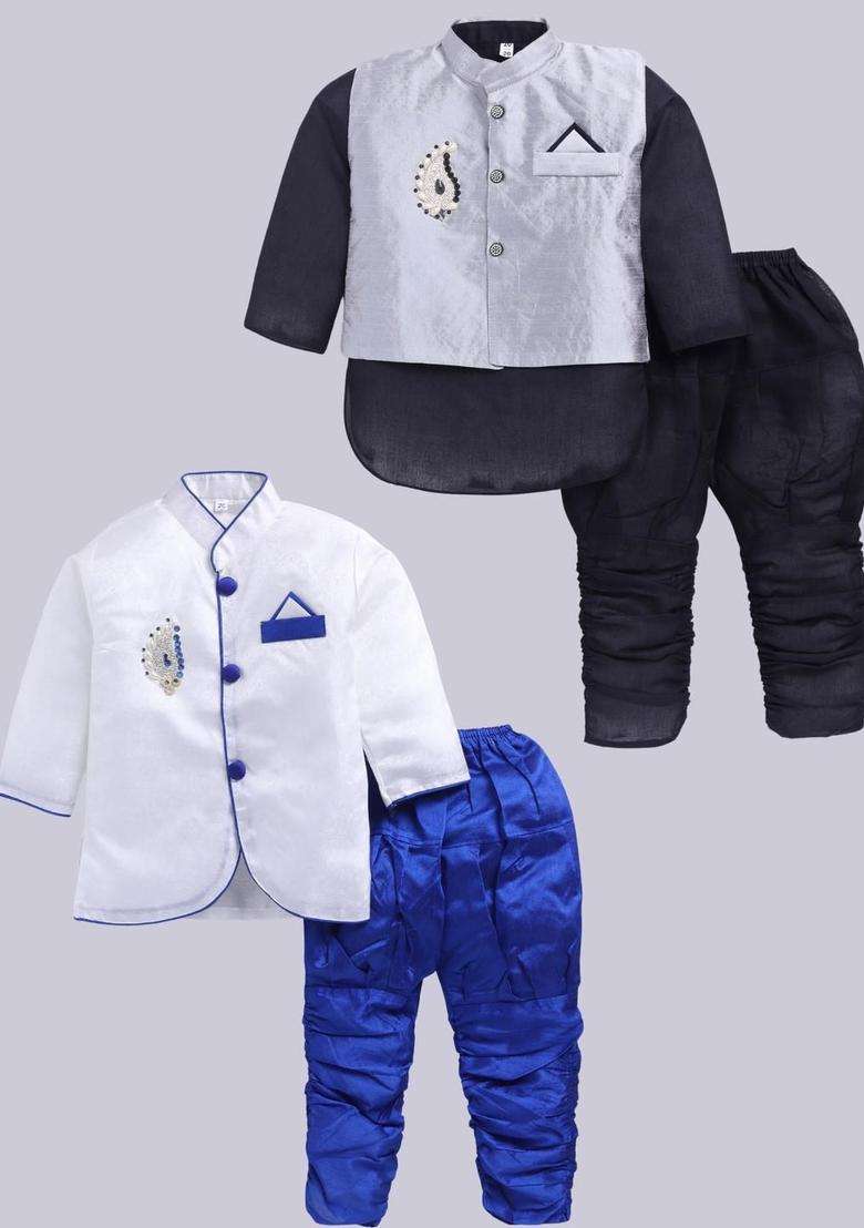 Multi Solid Silk Kurta Set For Boys - Indya