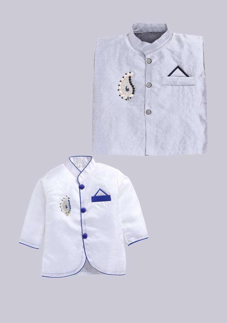 Multi Solid Silk Kurta Set For Boys - Indya