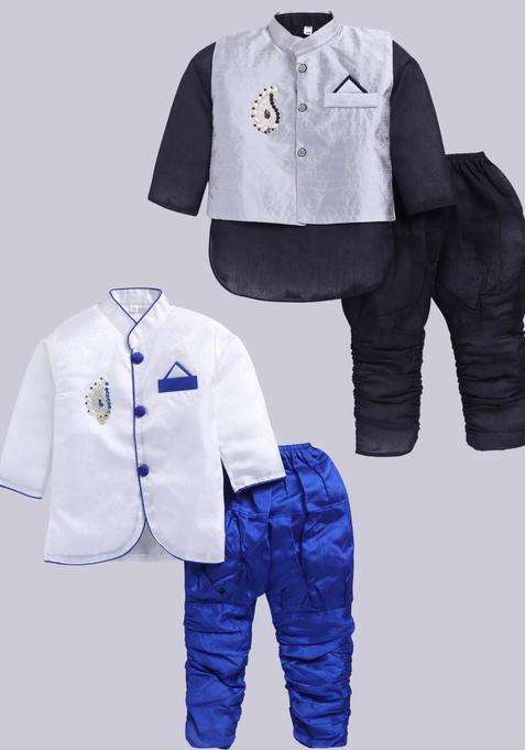 Multi Solid Silk Kurta Set For Boys
