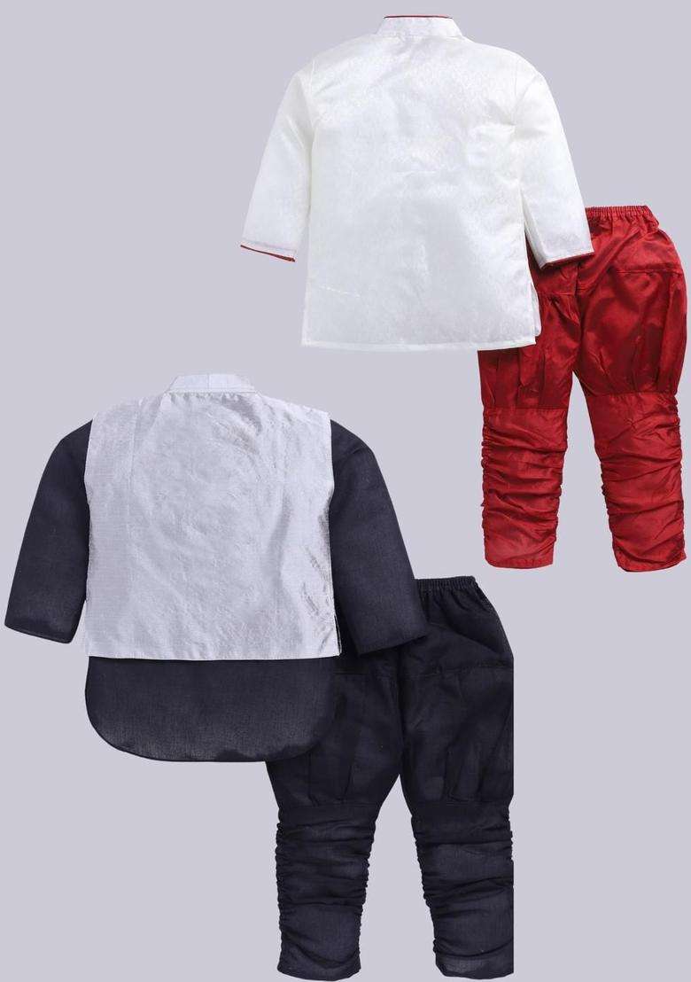 Multi Solid Silk Kurta Set For Boys - Indya