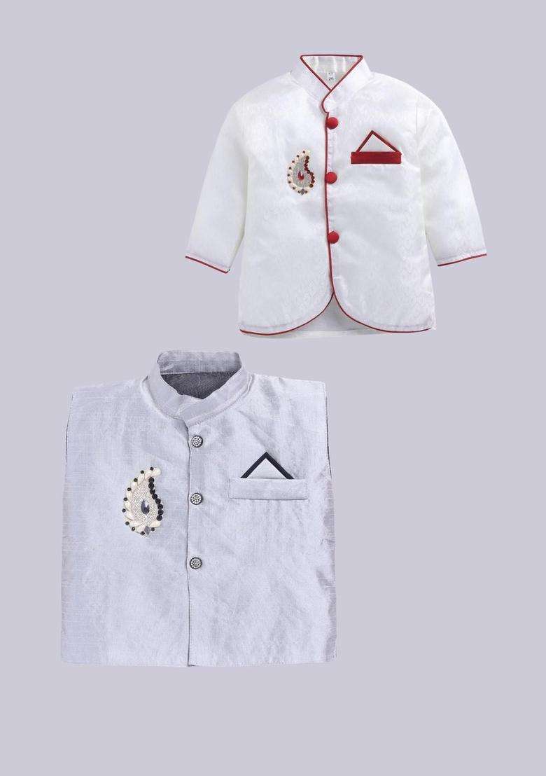 Multi Solid Silk Kurta Set For Boys - Indya