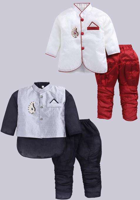 Multi Solid Silk Kurta Set For Boys