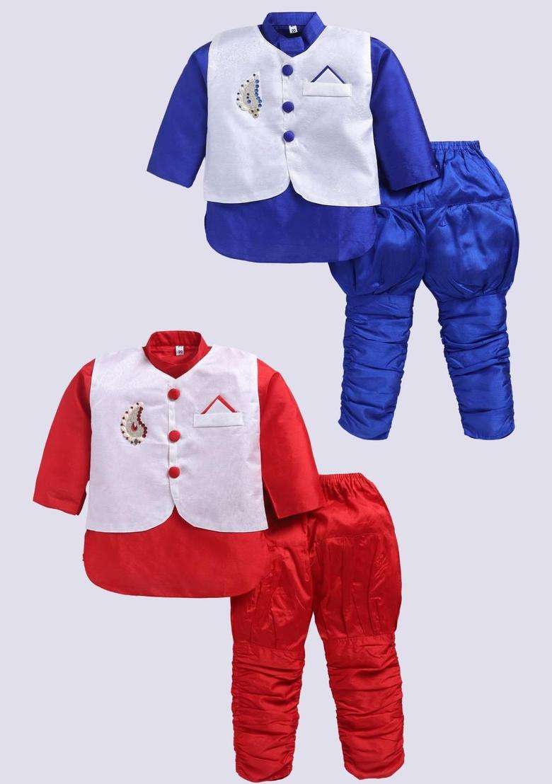 Multi Solid Silk Kurta Set For Boys - Indya
