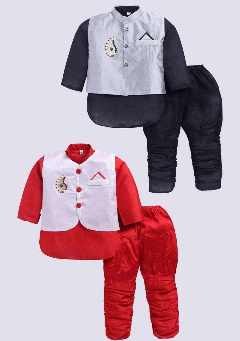 Multi Solid Silk Kurta Set For Boys - Indya